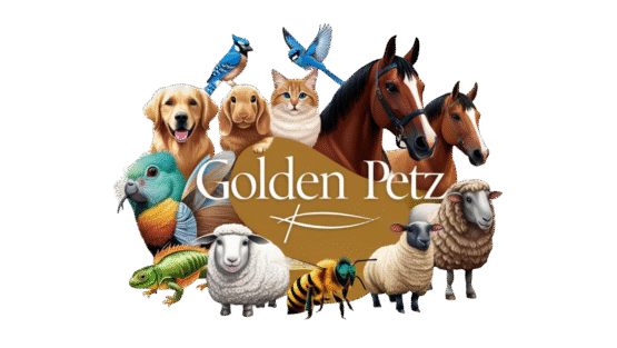 je souhaite faire un logo realiste et moderne avec des animaux domestiques ( chien,chat,oiseau,lapin,cheval,abeille,lezard,mouton,poisson)regrouper, autour du écrit Golden Petz